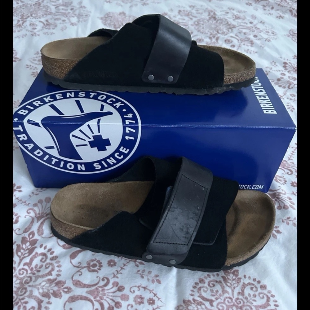 BIRKENSTOCK Kyoto Black Nubuck-Suede Leather Sandals, 39 8.5 N